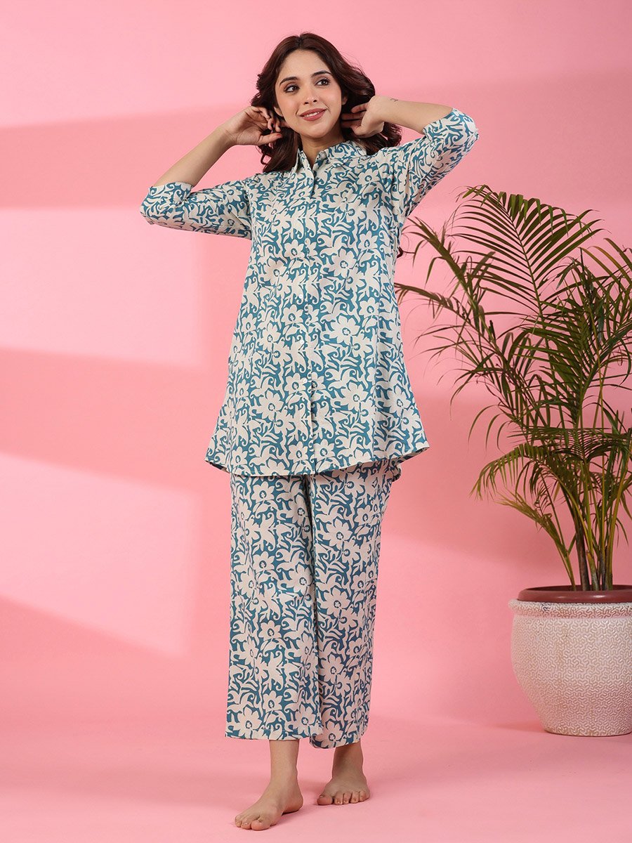 Teal Floral Print 3/4 Sleeves Shirt and Pants Pyjama Set