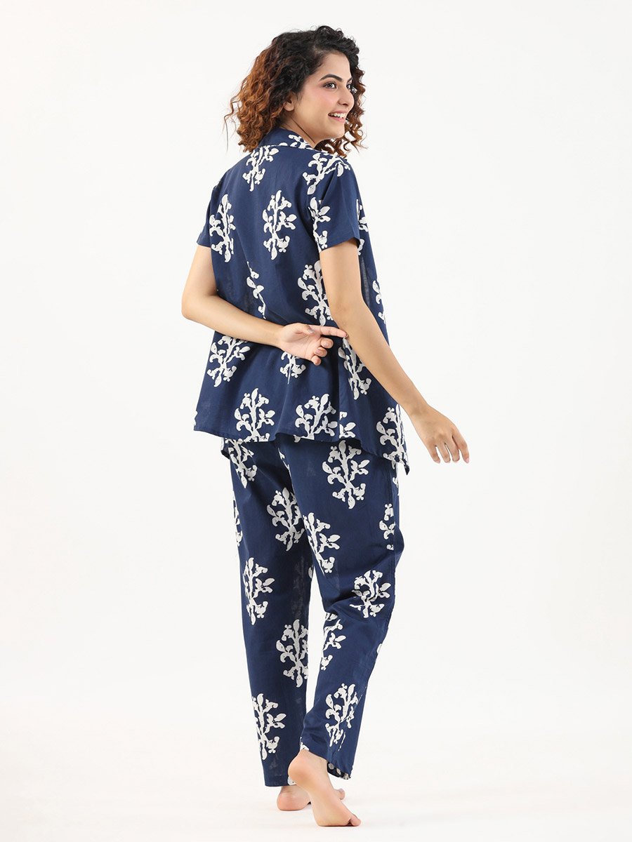 Navy Blue Abstract Print Short Sleeves Shirt and Pants Pyjama Set