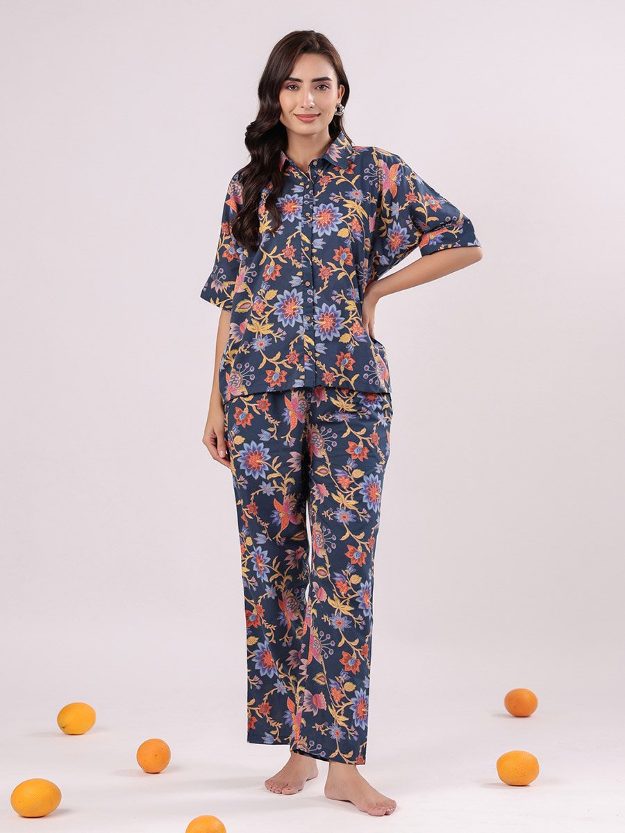 Navy Blue Floral Print Short Sleeves Shirt and Pants Pyjama Set
