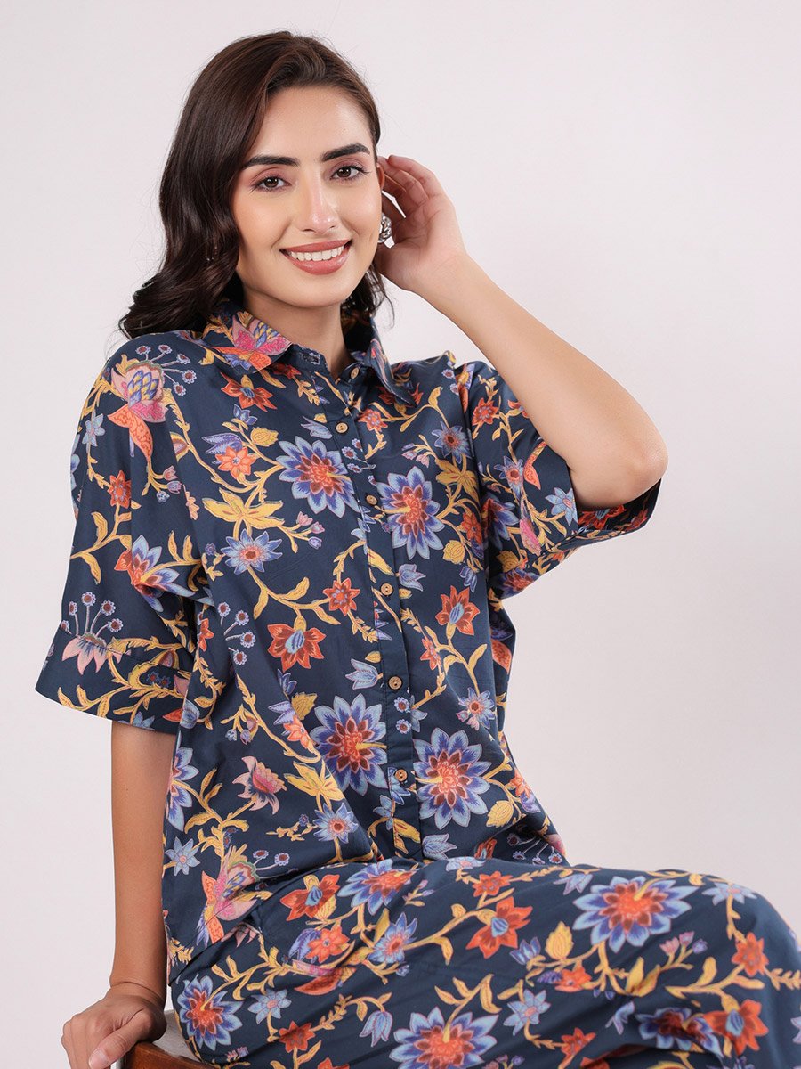 Navy Blue Floral Print Short Sleeves Shirt and Pants Pyjama Set