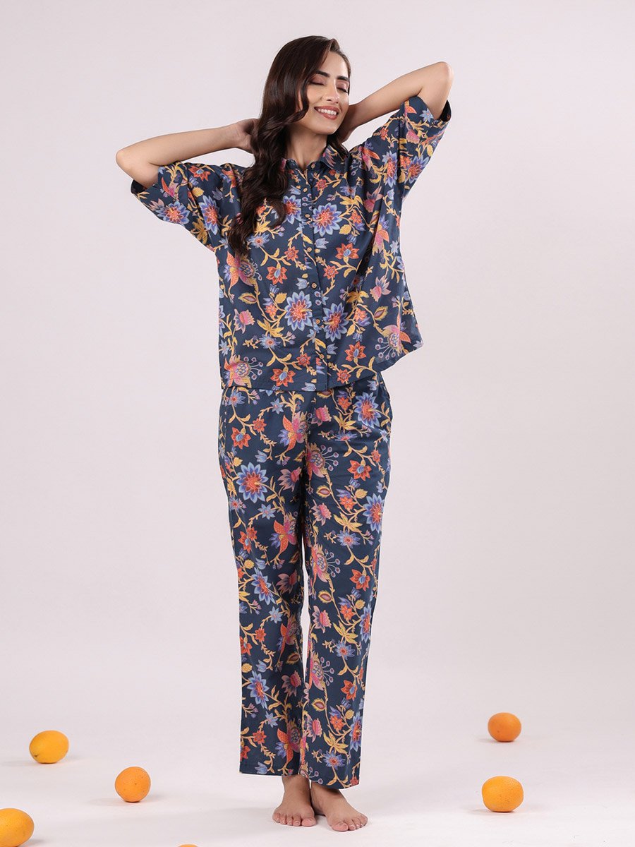 Navy Blue Floral Print Short Sleeves Shirt and Pants Pyjama Set