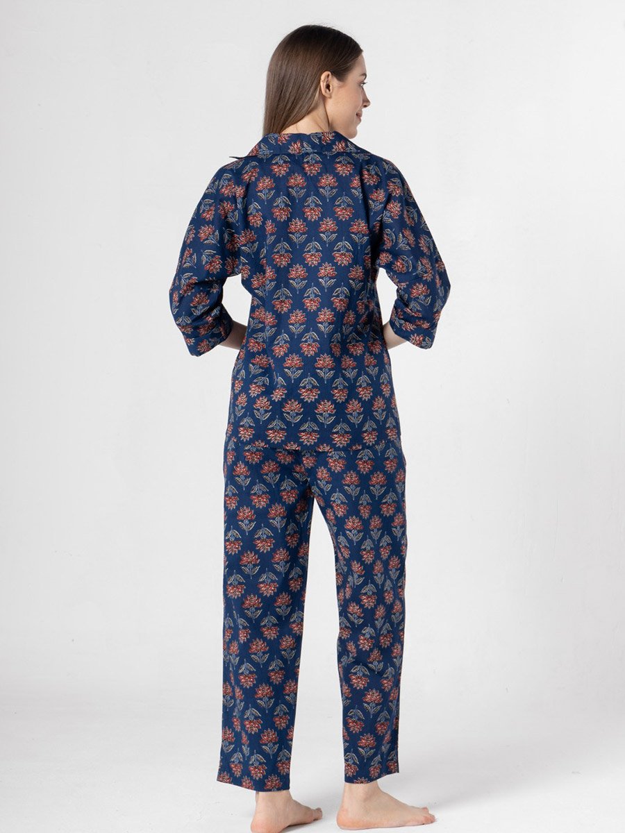 Navy Blue Floral Print V-Neck Top and Pants Pyjama Set