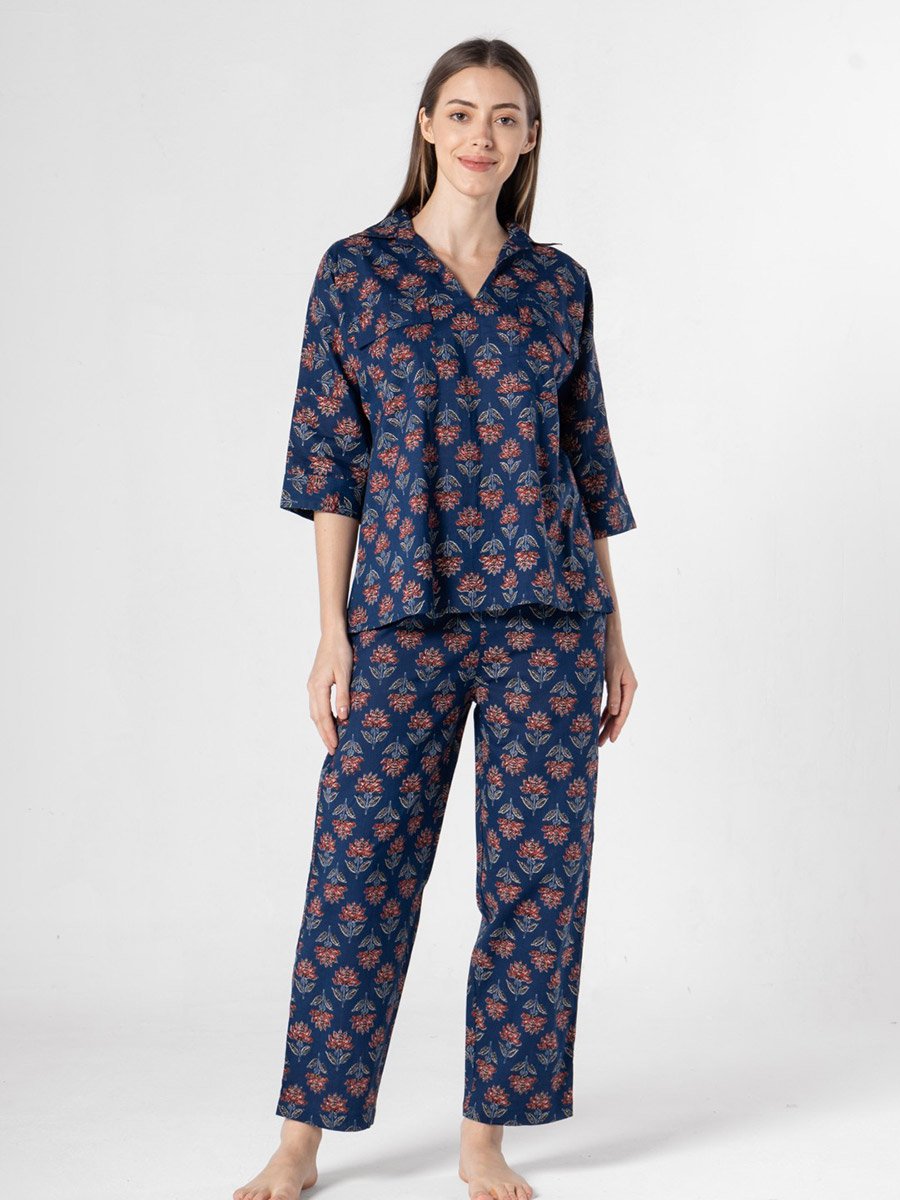 Navy Blue Floral Print V-Neck Top and Pants Pyjama Set