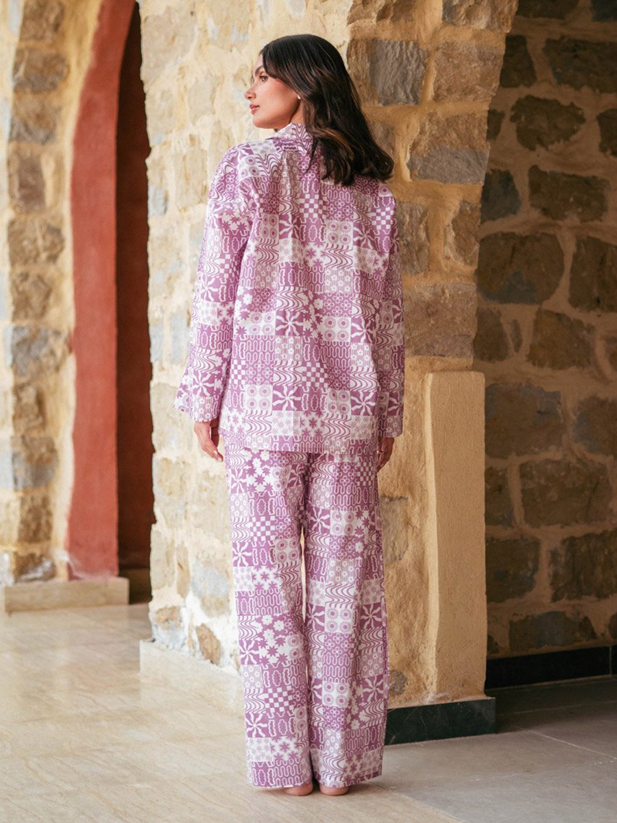 Purple Abstract Print Long Sleeves Shirt and Straight Leg Pants Pyjama Set 