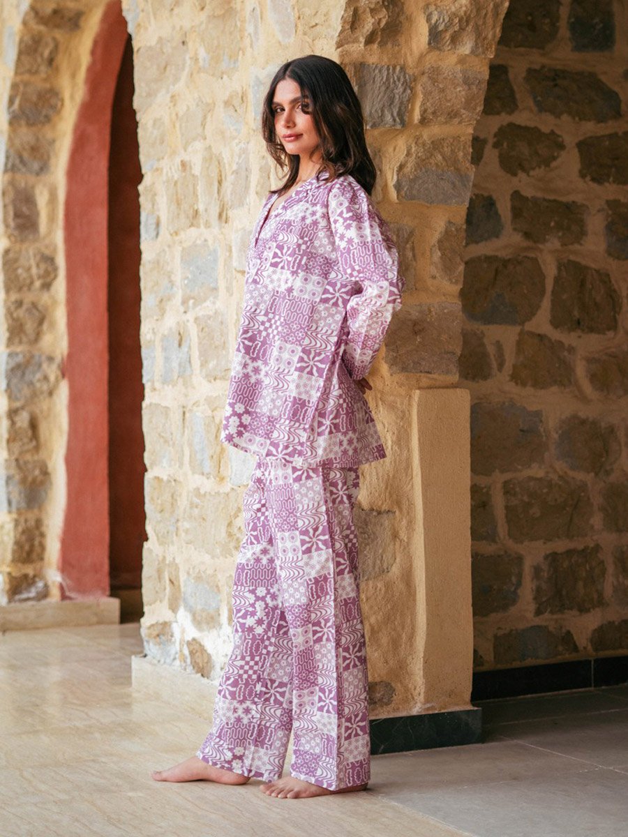 Purple Abstract Print Long Sleeves Shirt and Straight Leg Pants Pyjama Set 
