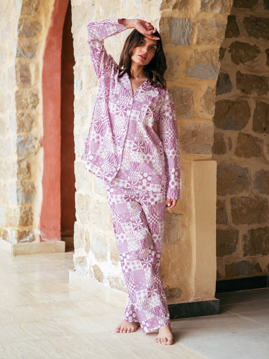 Purple Abstract Print Long Sleeves Shirt and Straight Leg Pants Pyjama Set 