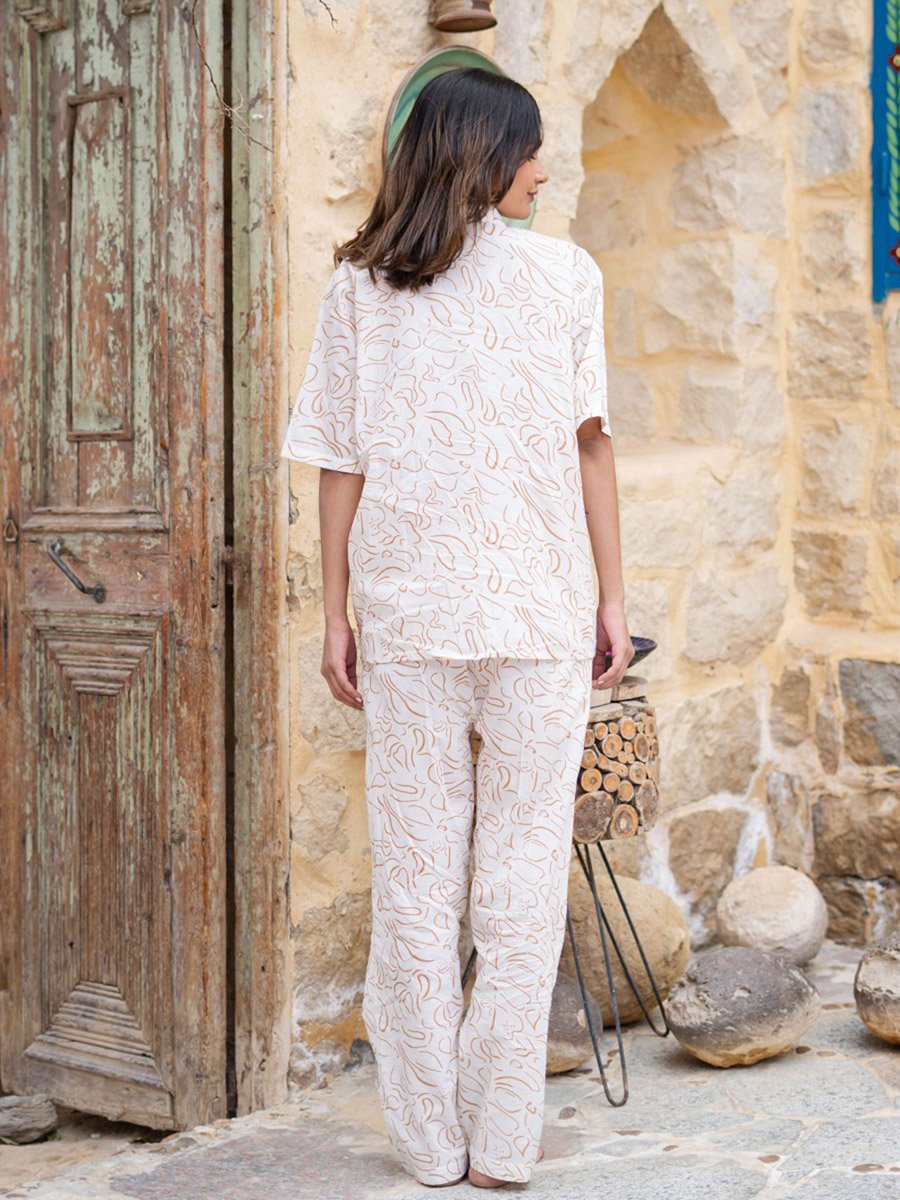 White Floral Print Short Sleeves Shirt and Pants Pyjama Set