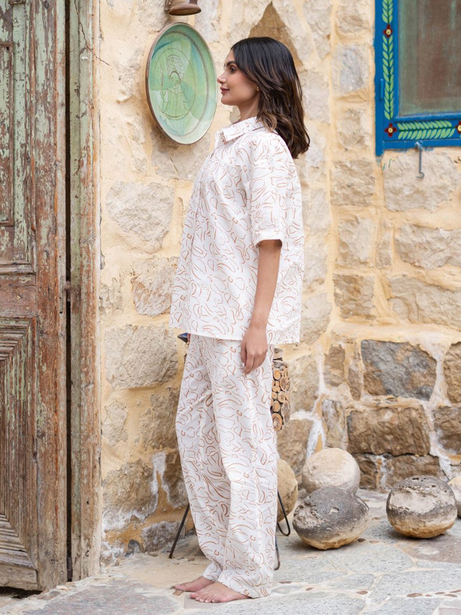 White Floral Print Short Sleeves Shirt and Pants Pyjama Set