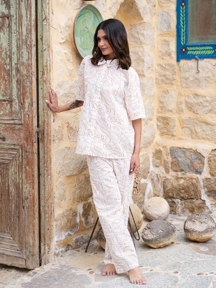 White Floral Print Short Sleeves Shirt and Pants Pyjama Set