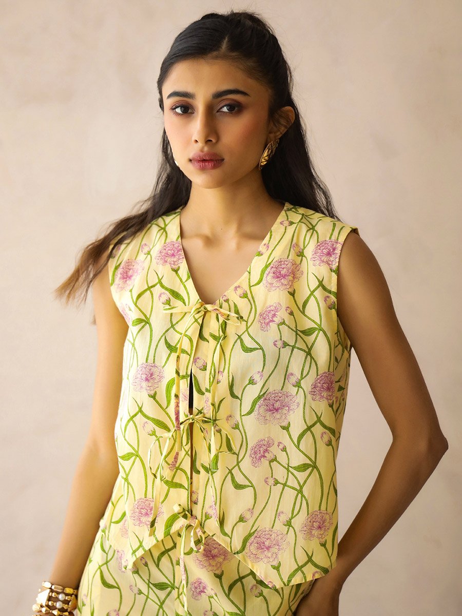 Yellow Floral Sleeveless Pure Cotton Pajama Set for Women