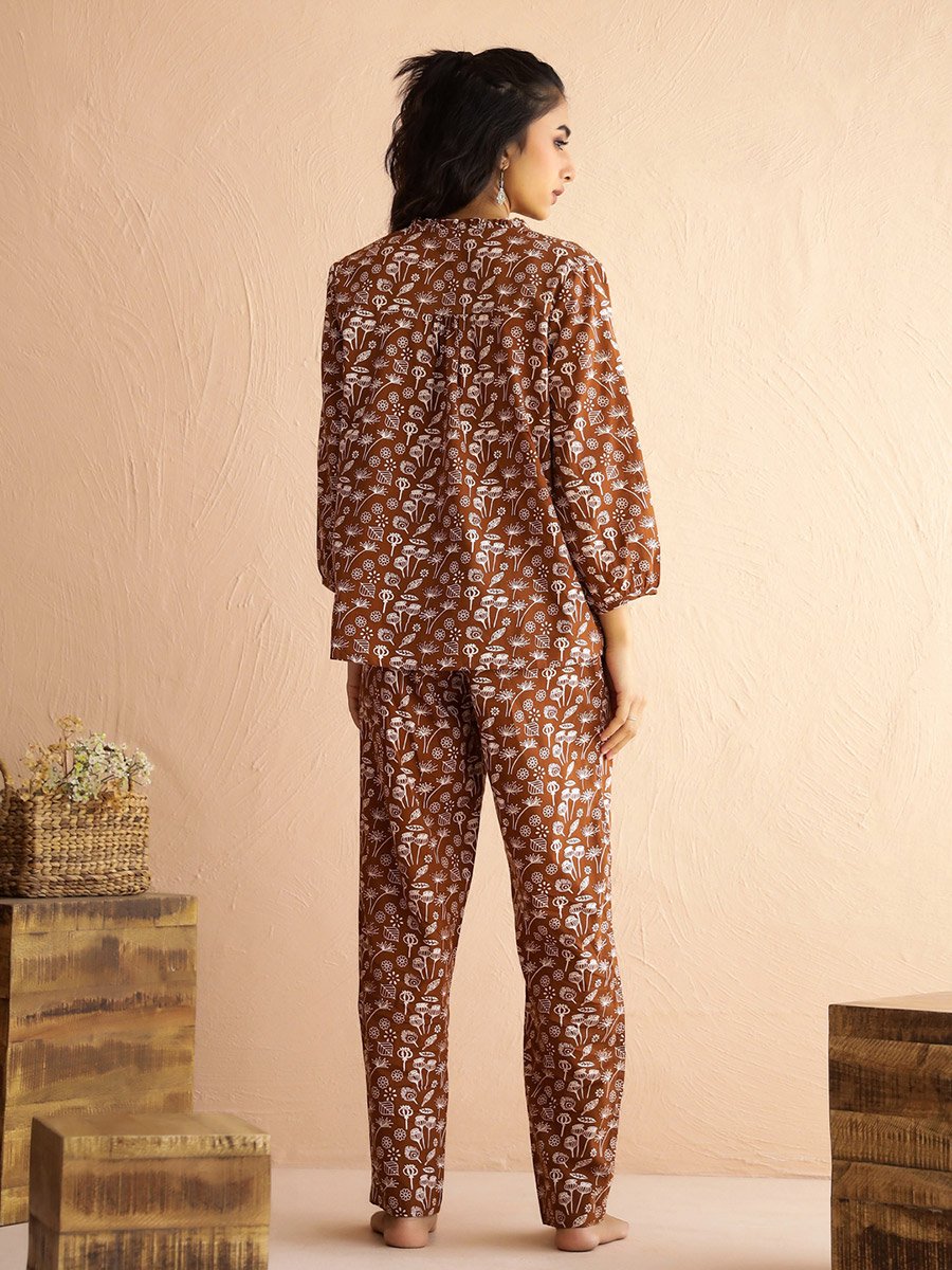 Brown Floral Print V-Neck Top and Pants Pyjama Set