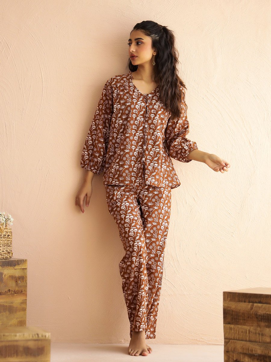 Brown Floral Print V-Neck Top and Pants Pyjama Set