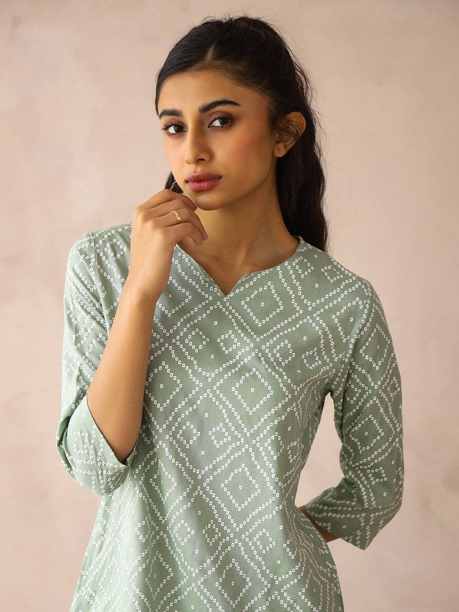 Green Printed 3/4 Sleeves Top and Pants Pyjama Set