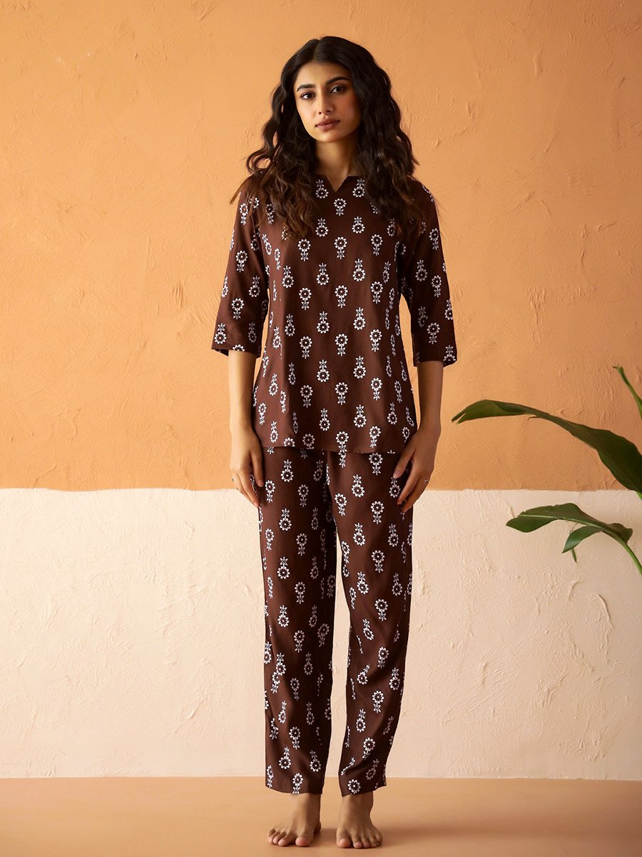 Brown Printed Notch Neck Top and Straight Leg Pants Pyjama