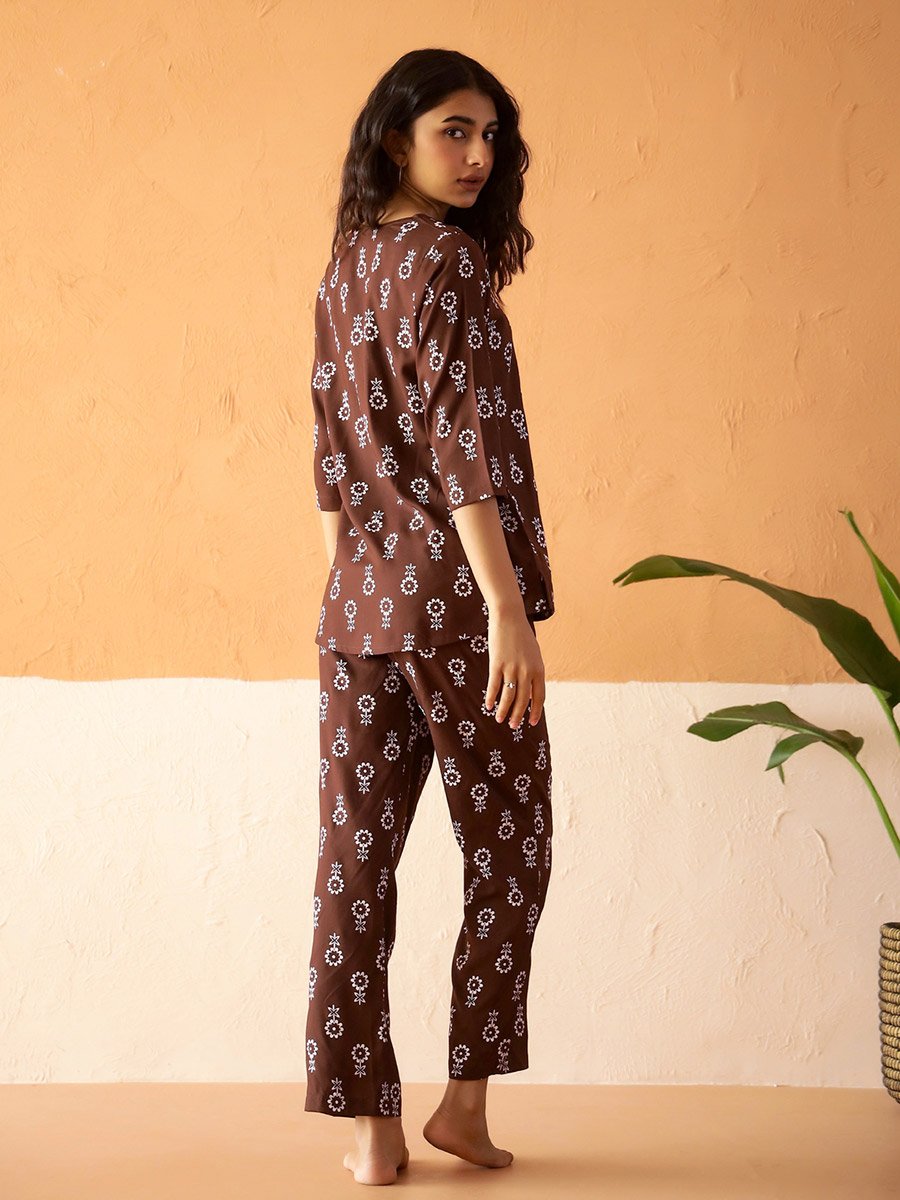 Brown Printed Notch Neck Top and Straight Leg Pants Pyjama
