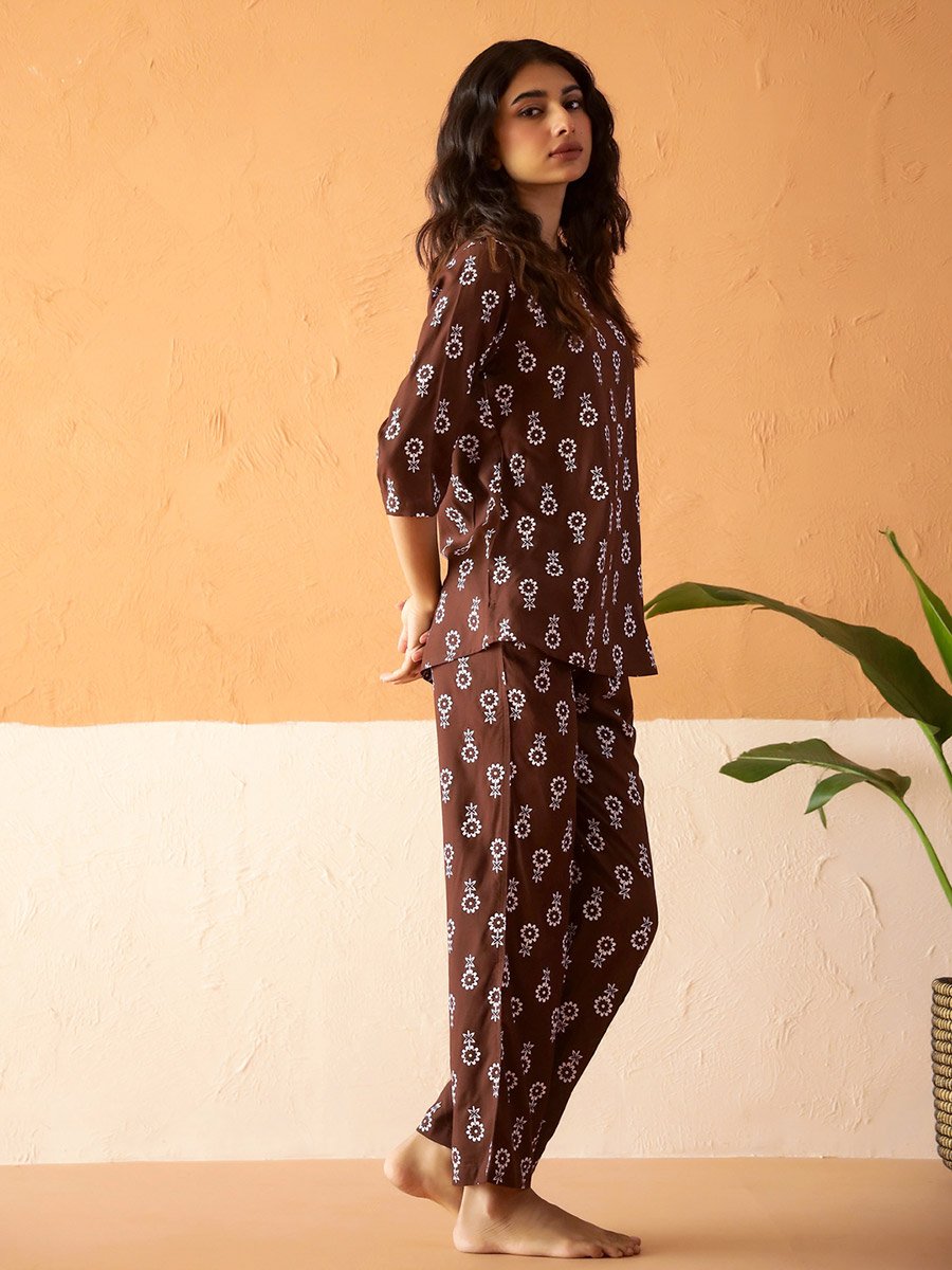 Brown Printed Notch Neck Top and Straight Leg Pants Pyjama