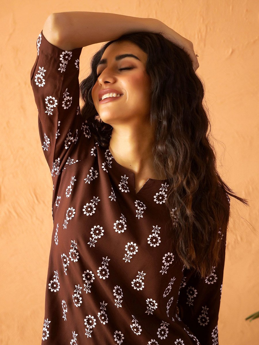 Brown Printed Notch Neck Top and Straight Leg Pants Pyjama