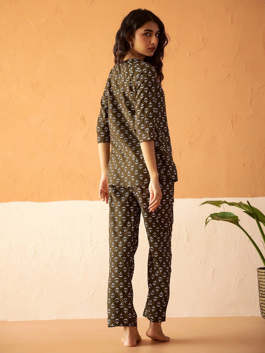 Olive Floral Print Notch Neck Top and Straight leg Pants Pyjama Set