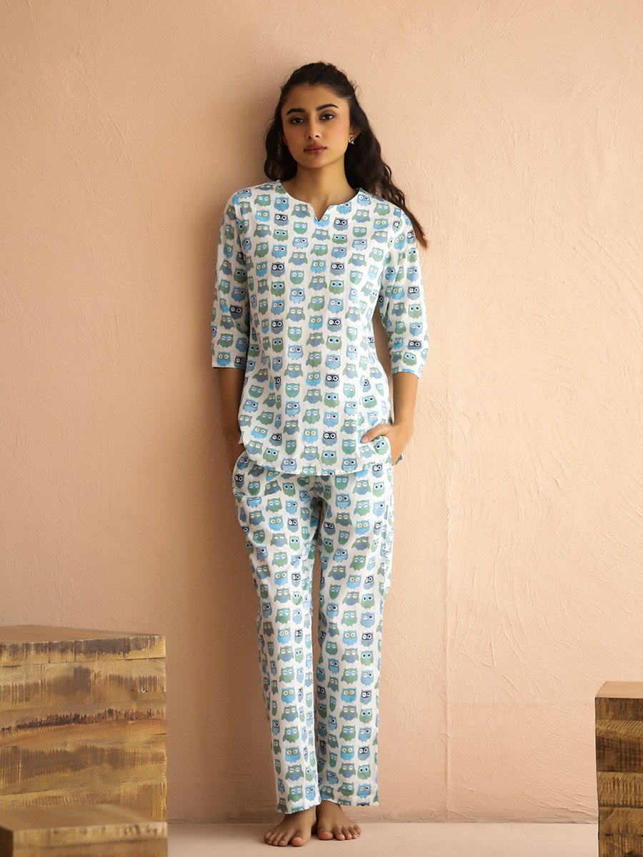 Multi-Color All Over Owl Print Top and Pants Pyjama Set