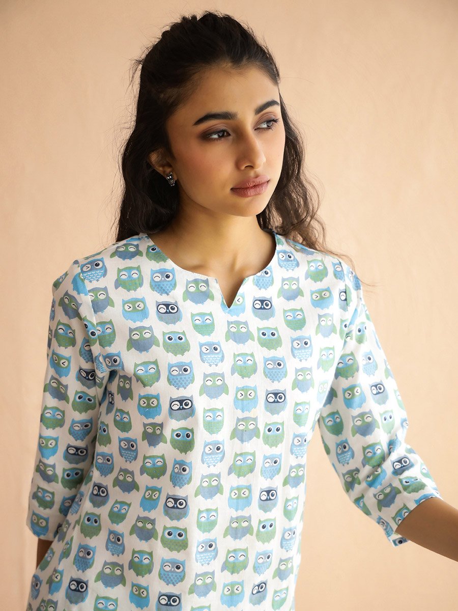 Multi-Color All Over Owl Print Top and Pants Pyjama Set