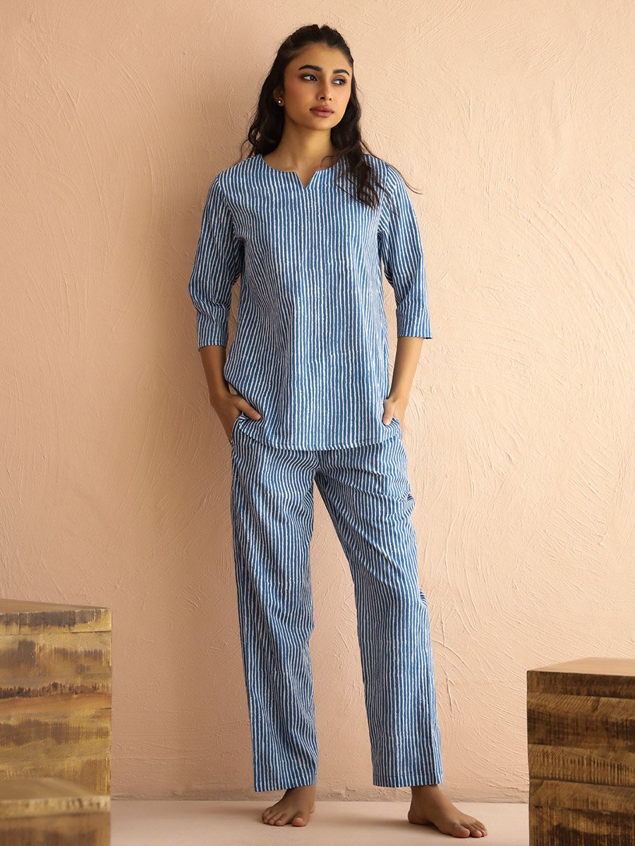 Blue Striped 3/4 Sleeves Notch Neck Top and Pants Pyjama Set 