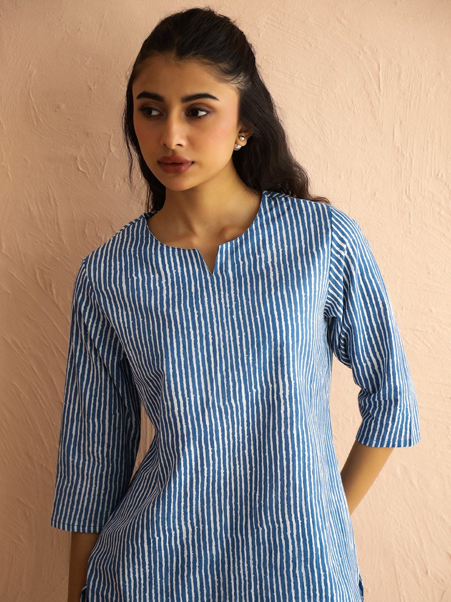 Blue Striped 3/4 Sleeves Notch Neck Top and Pants Pyjama Set 