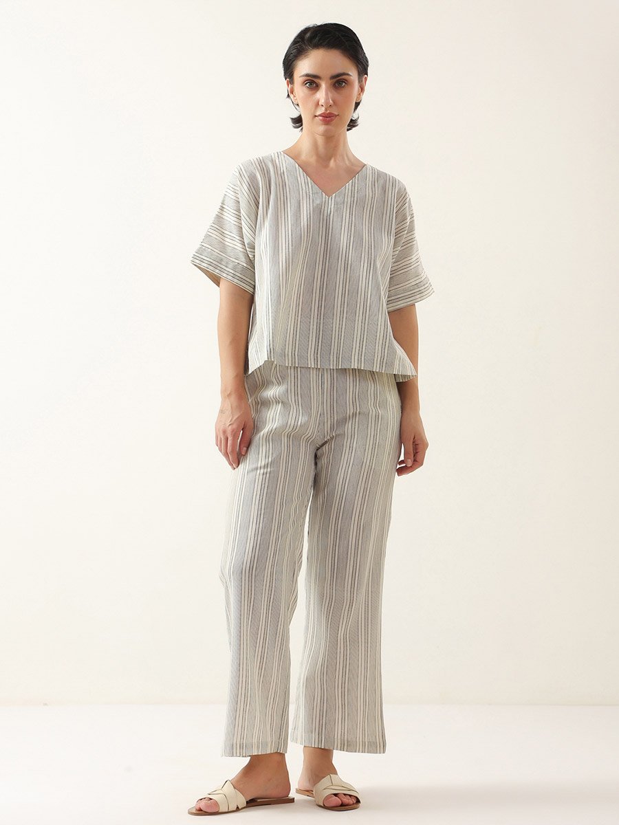 Beige Striped Short Sleeves V-Neck Top and Pants Pyjama Set