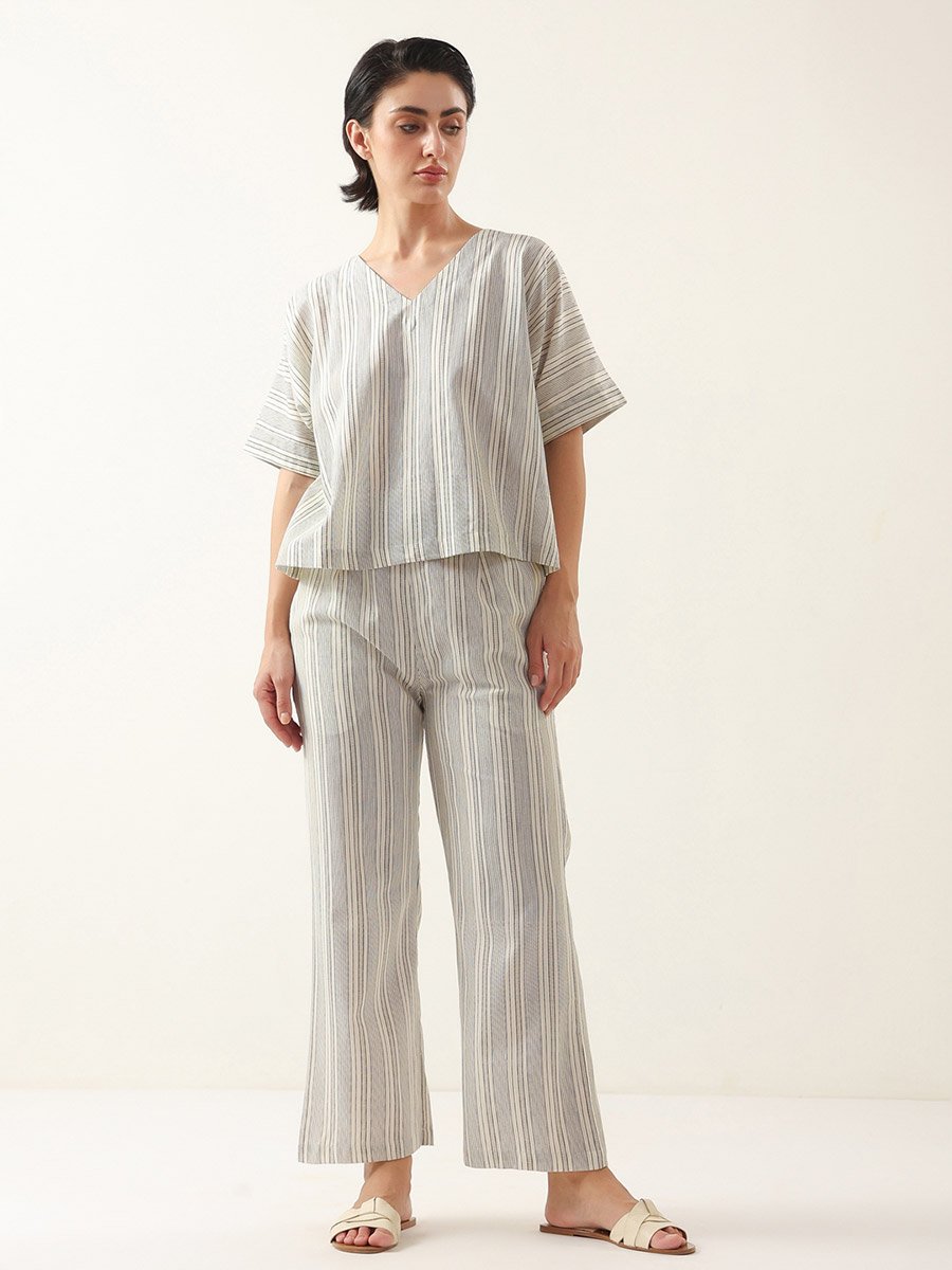 Beige Striped Short Sleeves V-Neck Top and Pants Pyjama Set