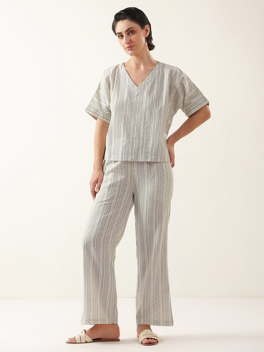 Beige Striped Short Sleeves V-Neck Top and Pants Pyjama Set