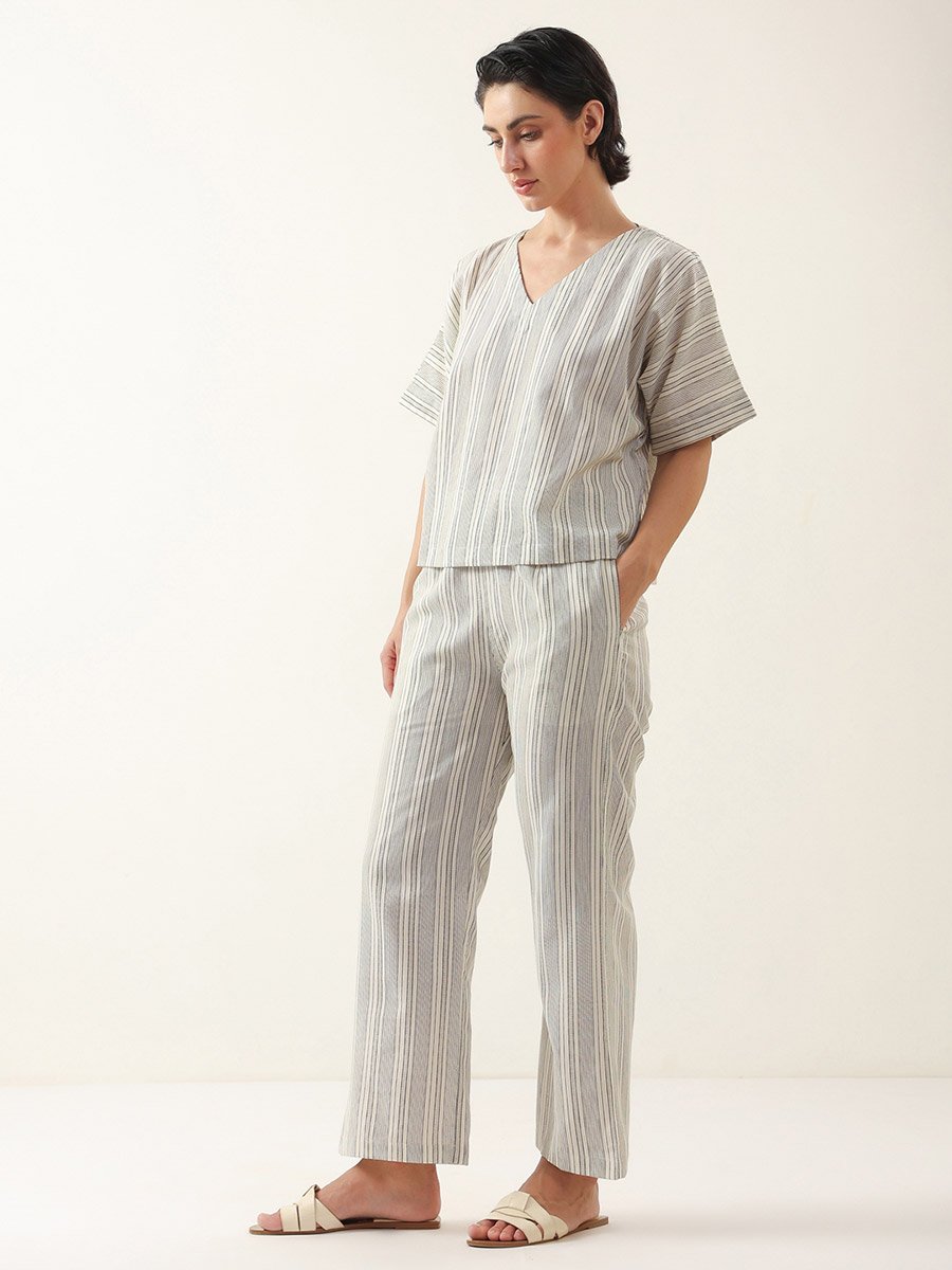 Beige Striped Short Sleeves V-Neck Top and Pants Pyjama Set