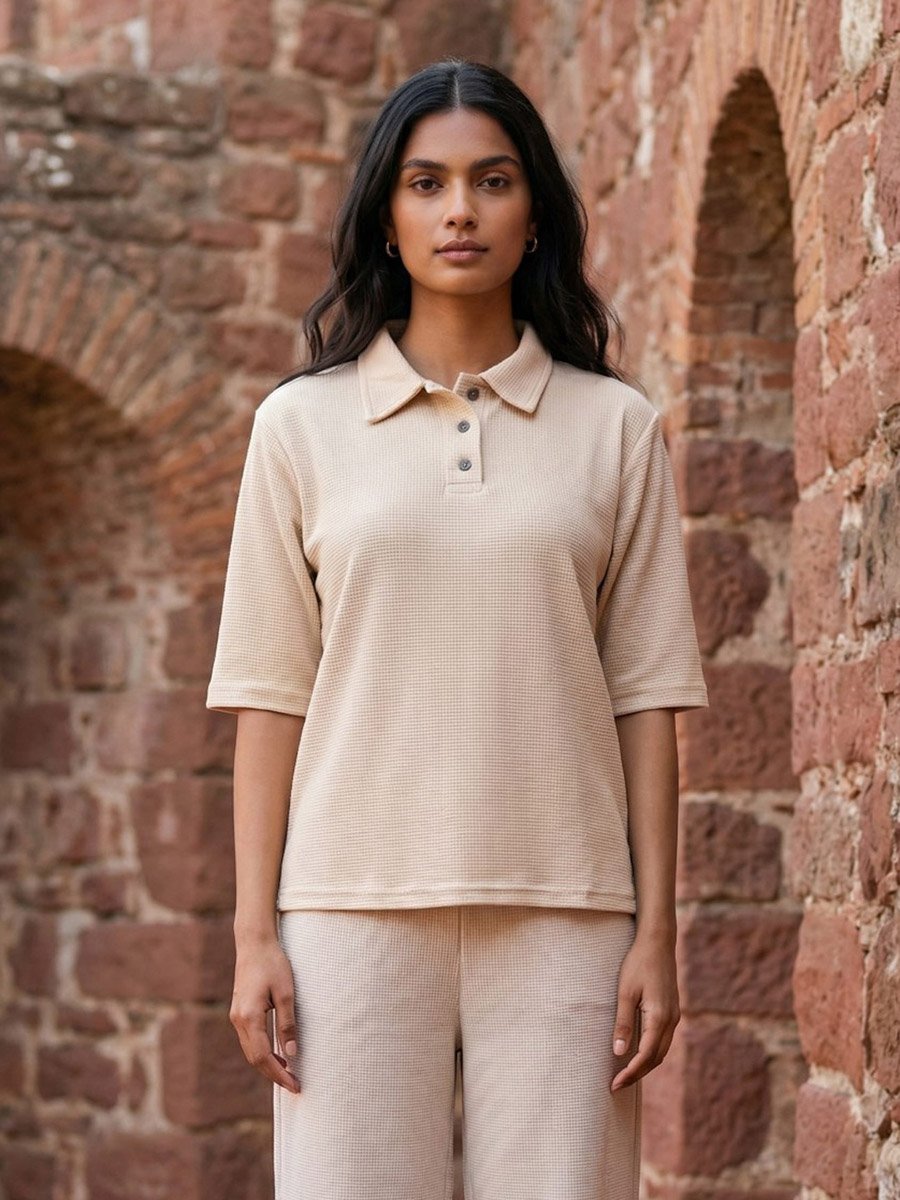 Beige Solid Polo T-Shirt and Straight Leg Pants Pyjama Set