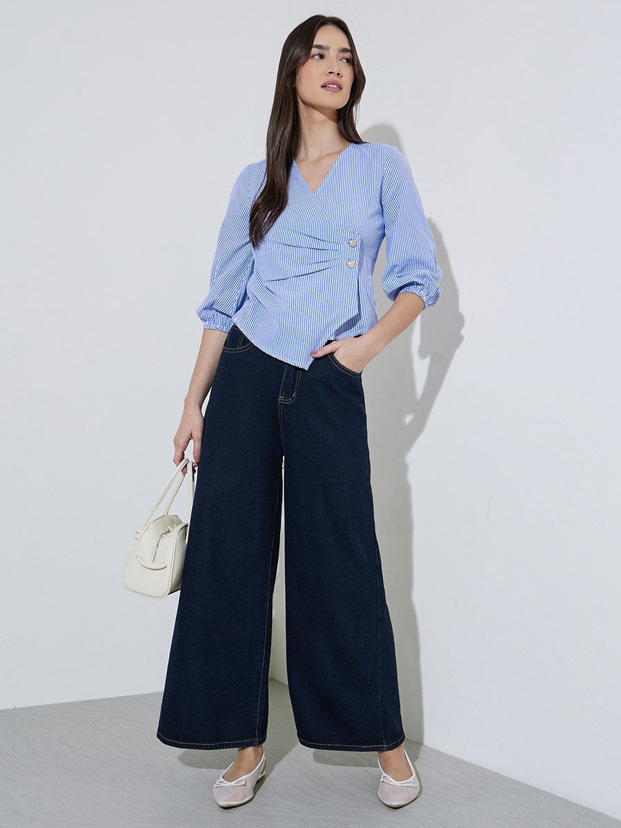 Blue Striped Wrap Top with Button Detail