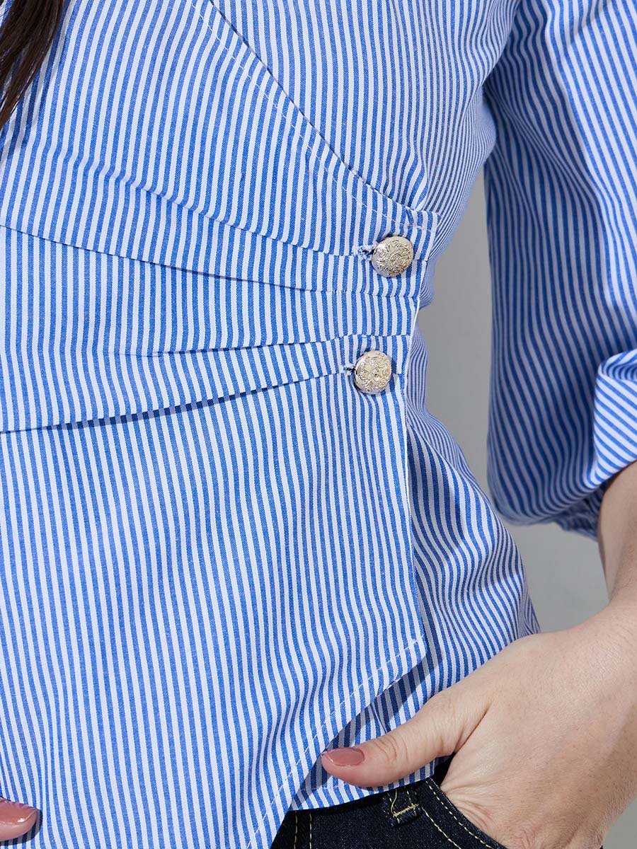 Blue Striped Wrap Top with Button Detail