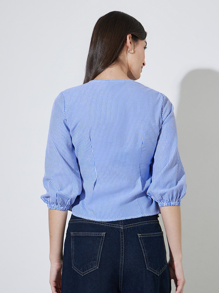 Blue Striped Wrap Top with Button Detail