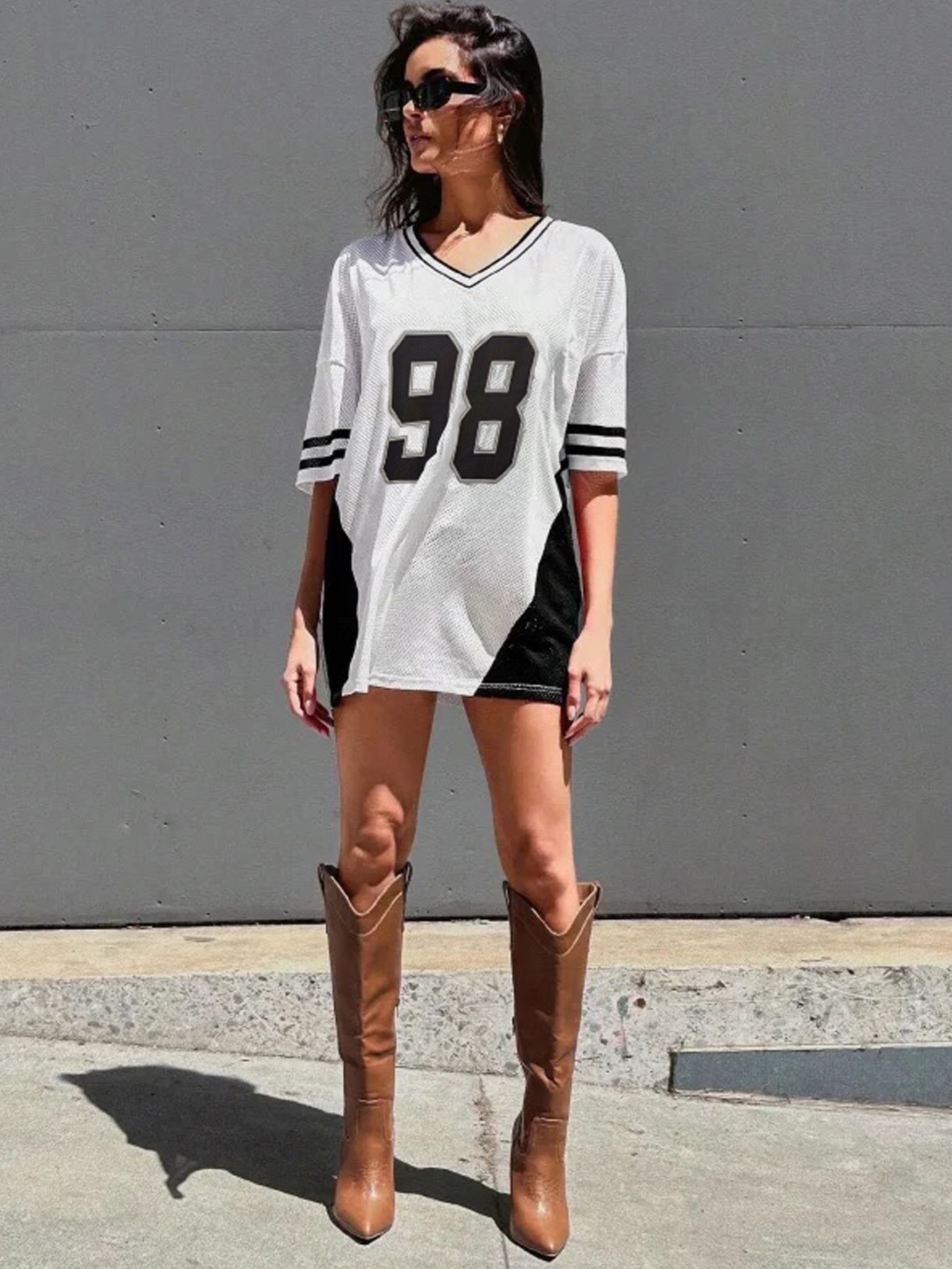 White Oversized Graphic V Neck T-Shirt