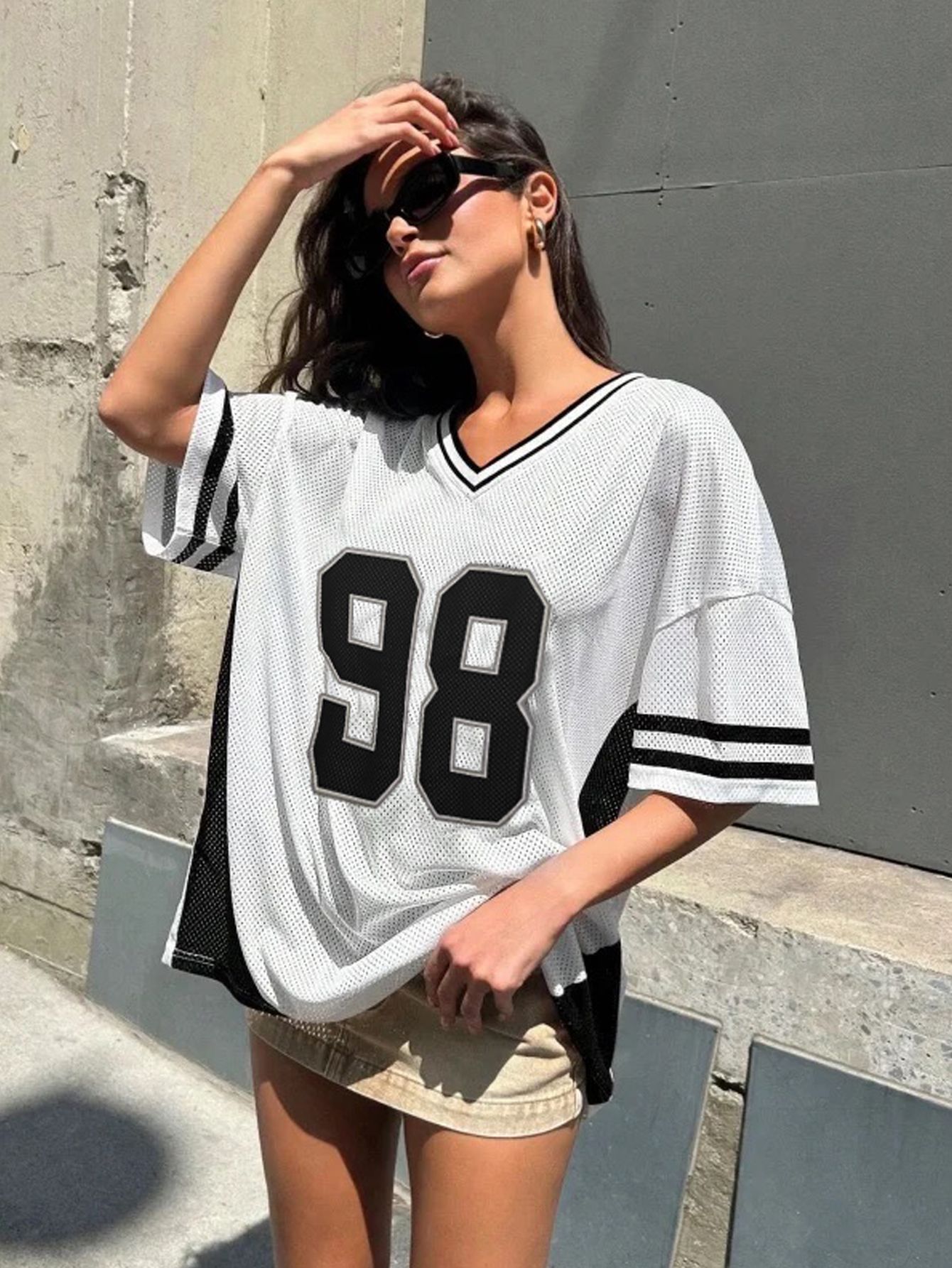 White Oversized Graphic V Neck T-Shirt