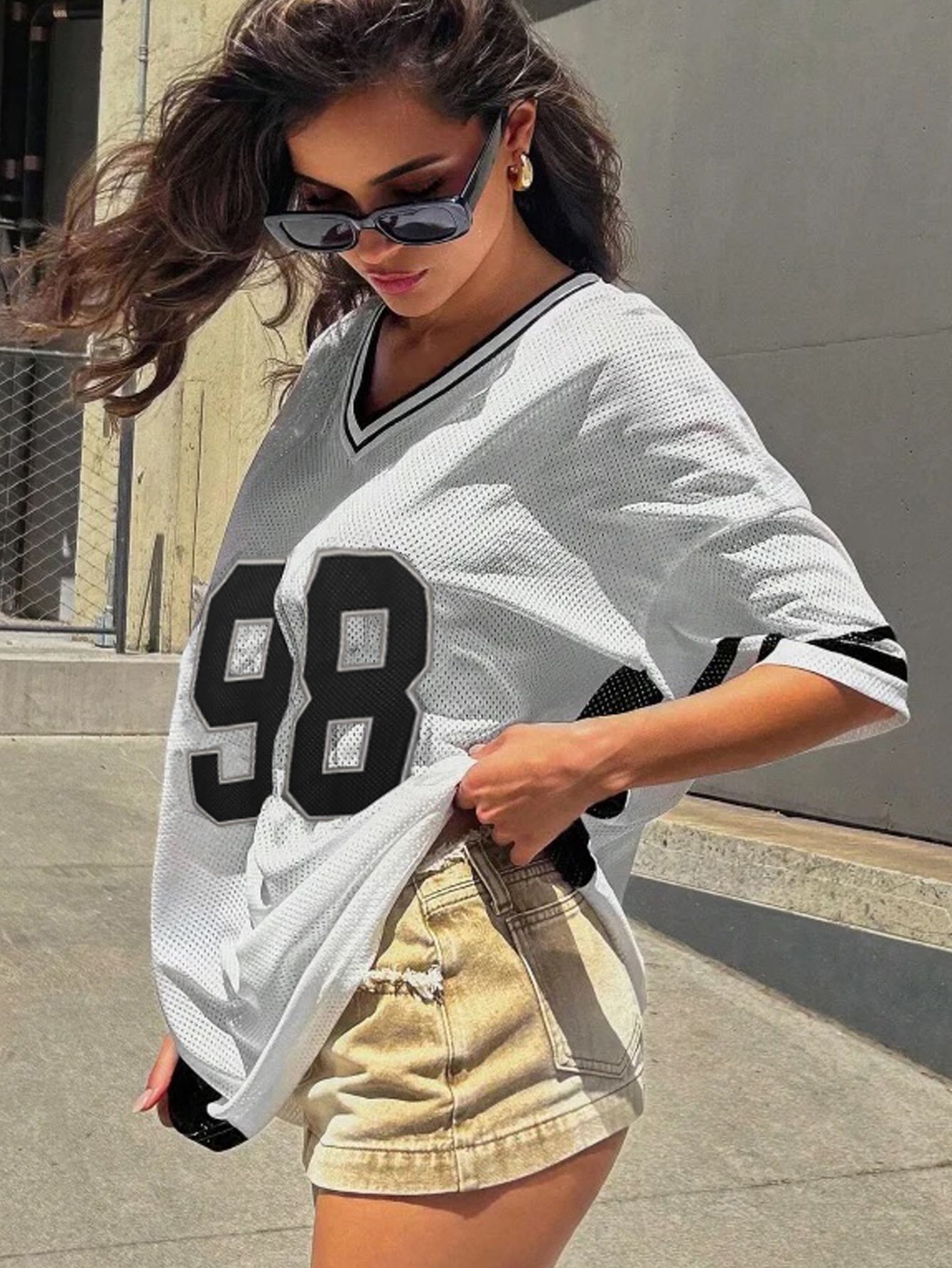White Oversized Graphic V Neck T-Shirt