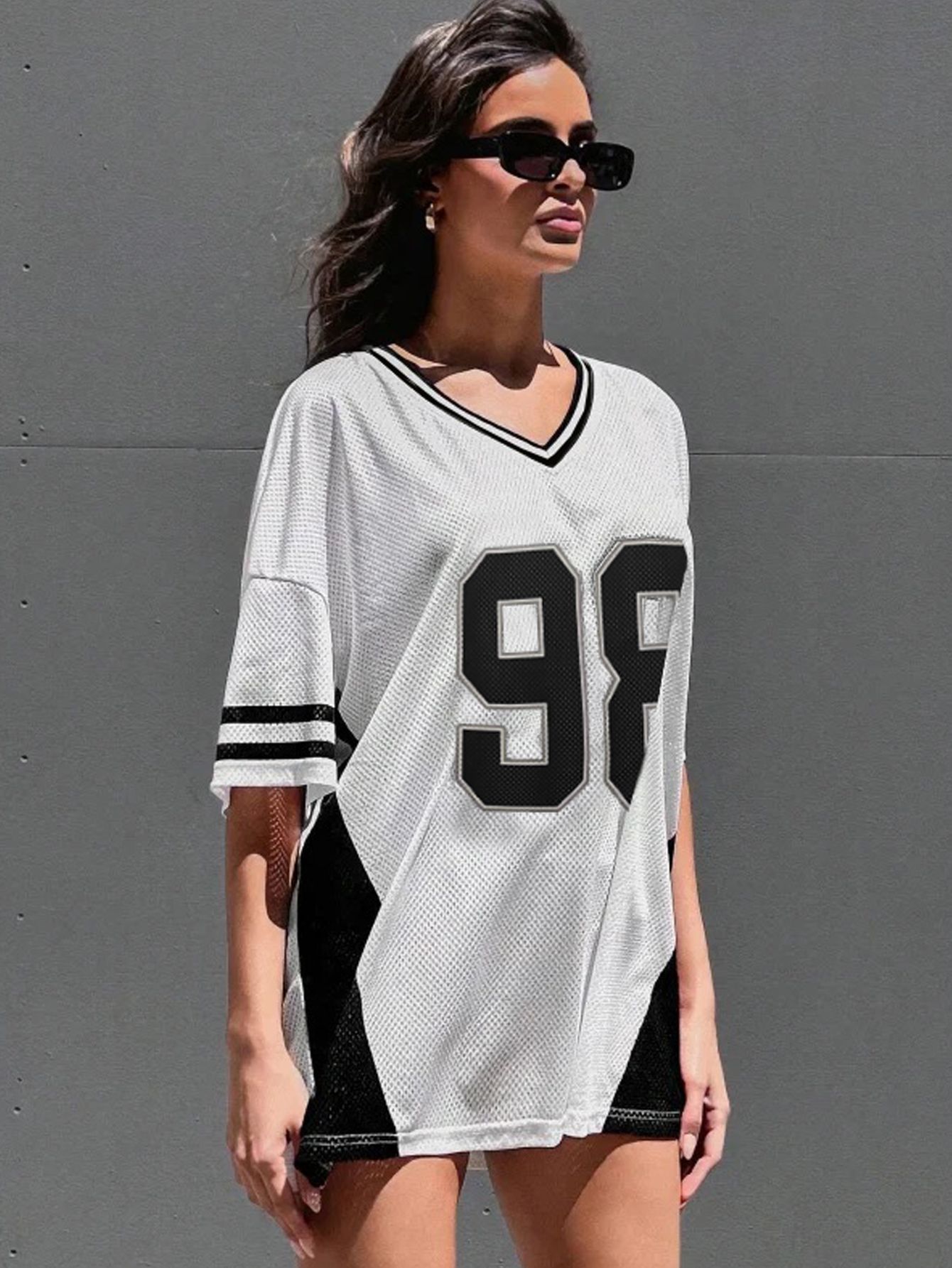 White Oversized Graphic V Neck T-Shirt