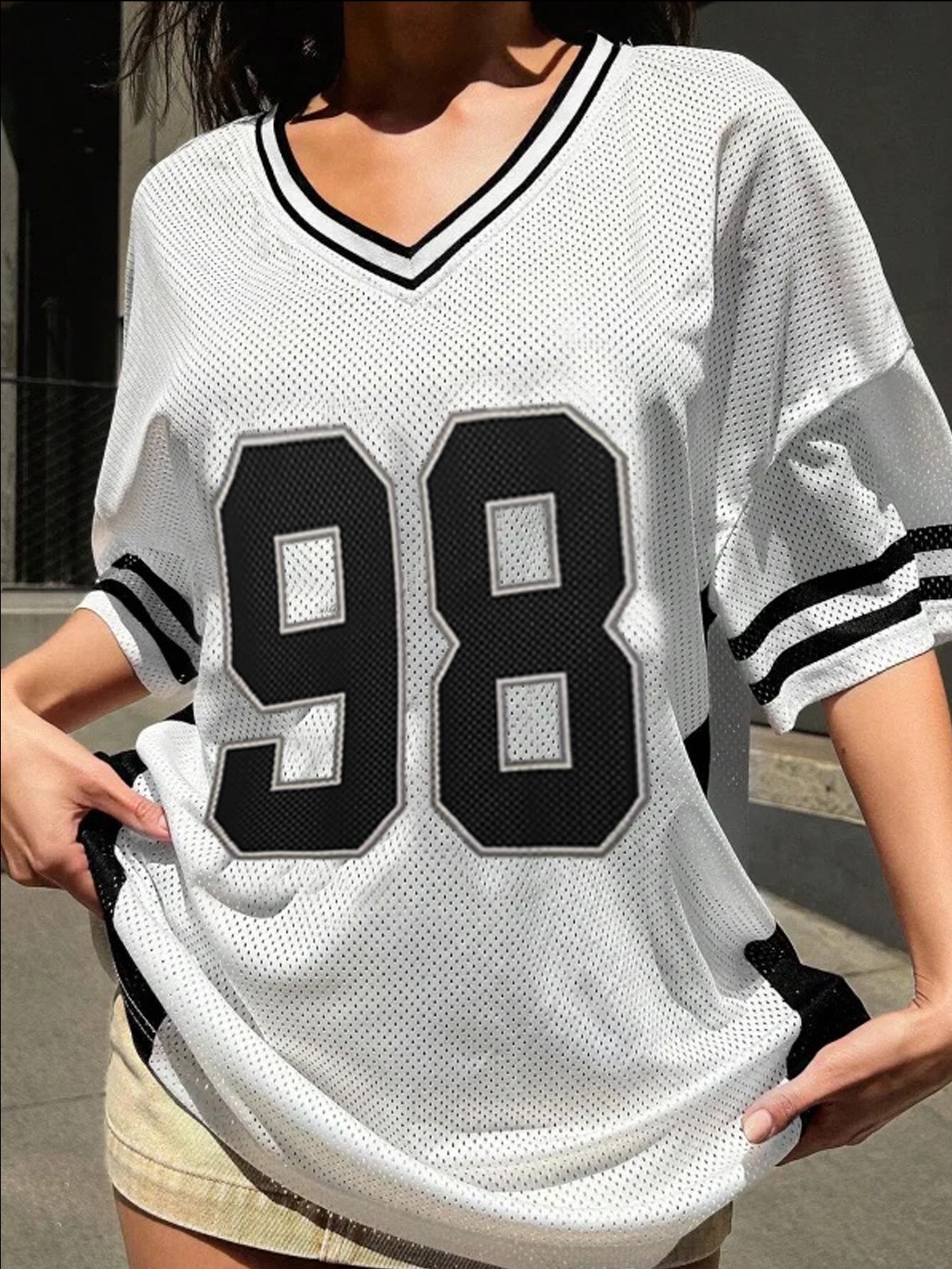 White Oversized Graphic V Neck T-Shirt