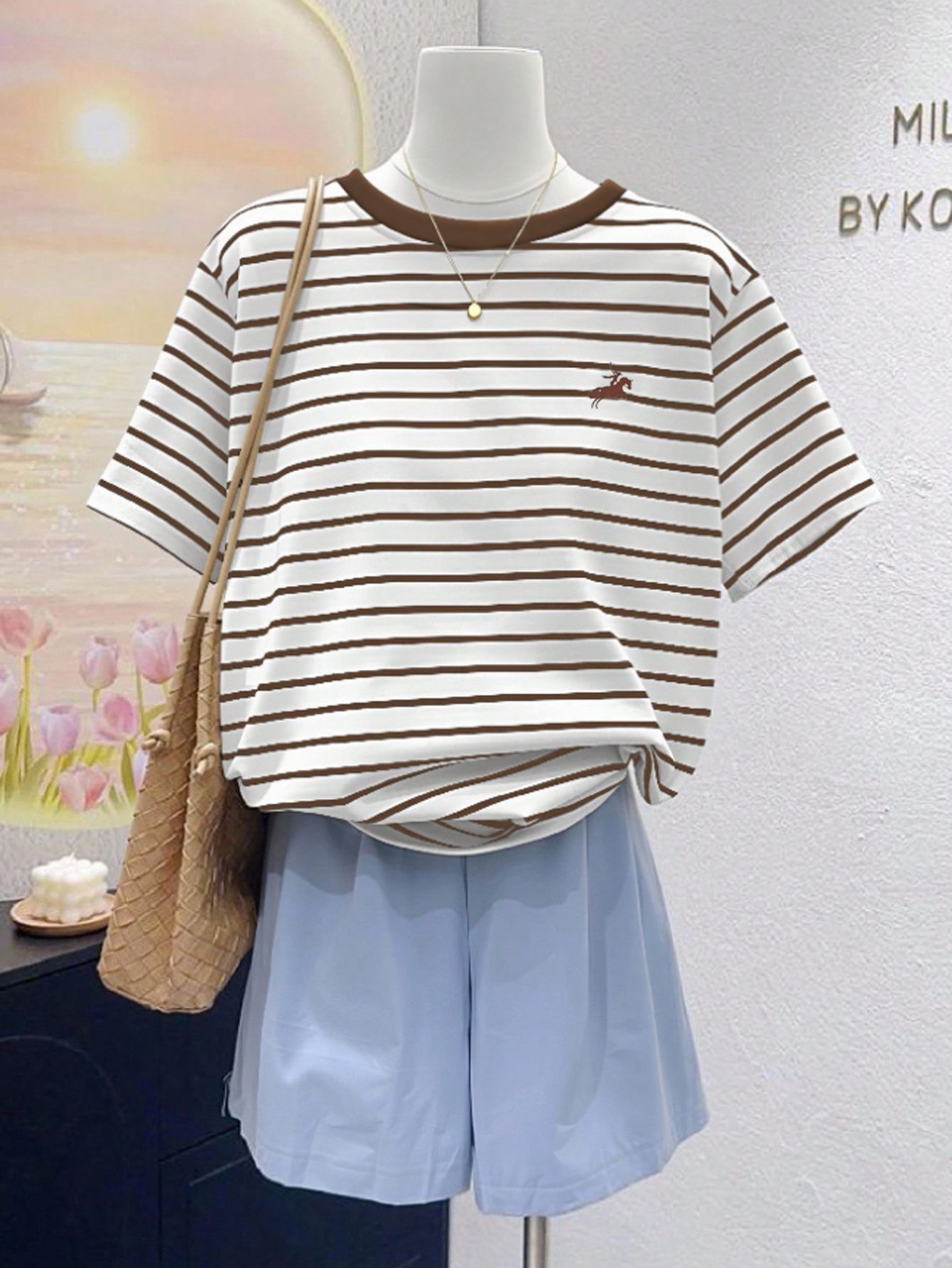 Beige Oversized Striped Short Sleeve T-Shirt