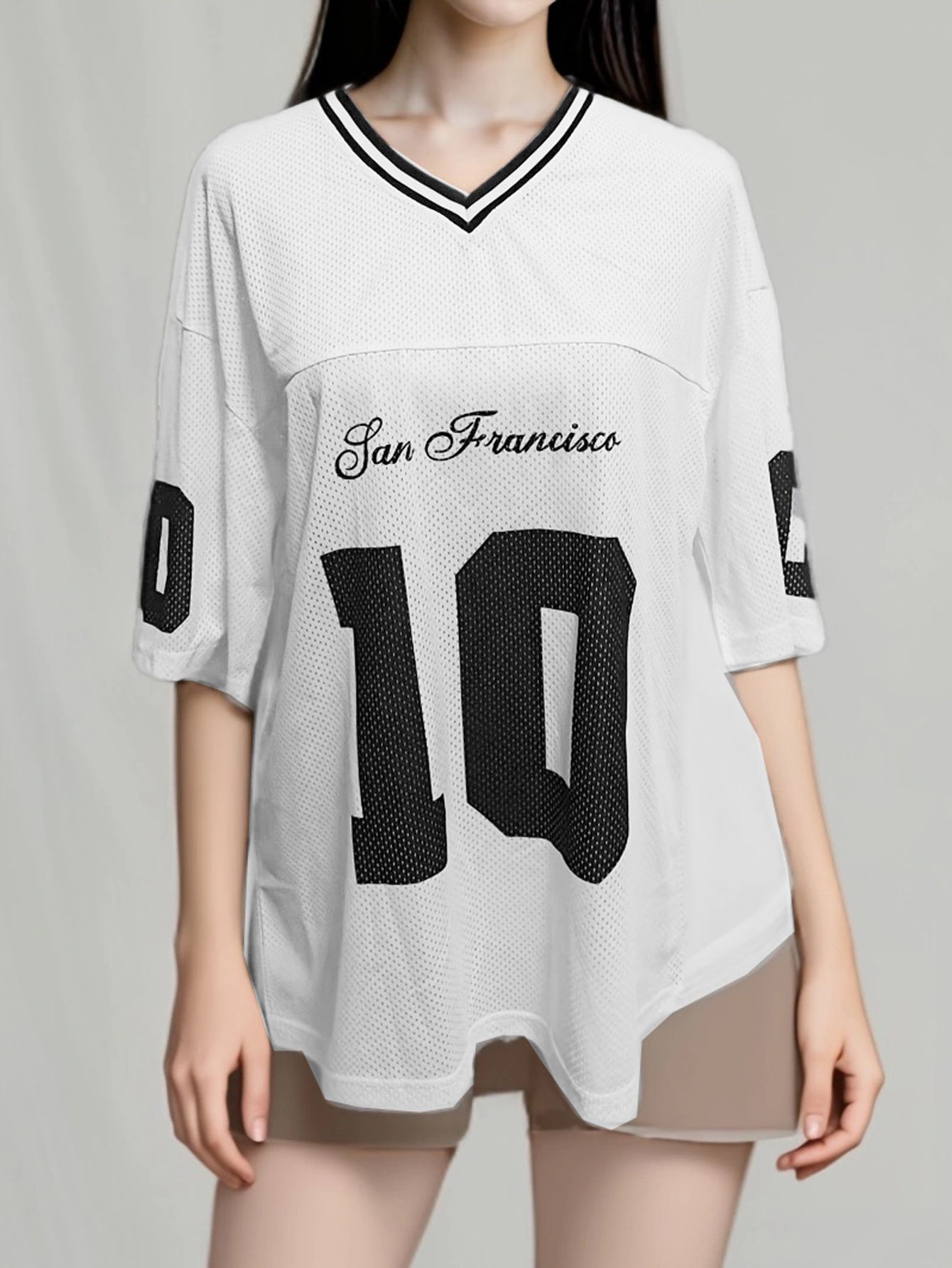 White Oversized Graphic V Neck T-Shirt
