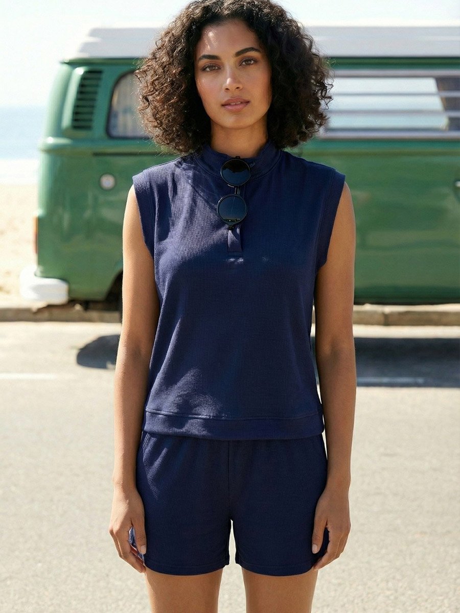 Navy Blue Solid Ribbed Sleeveless Top and Shorts Pyjama Set