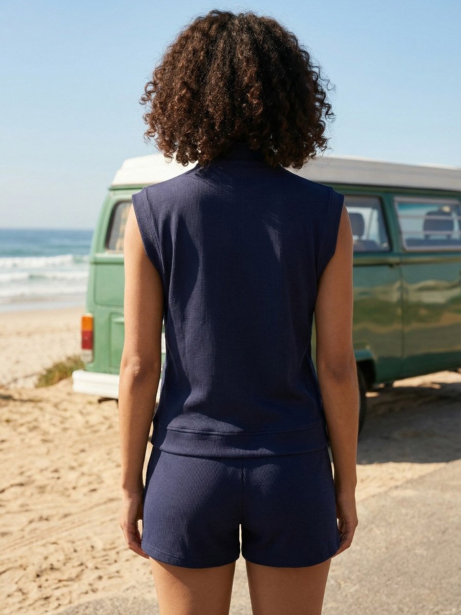 Navy Blue Solid Ribbed Sleeveless Top and Shorts Pyjama Set