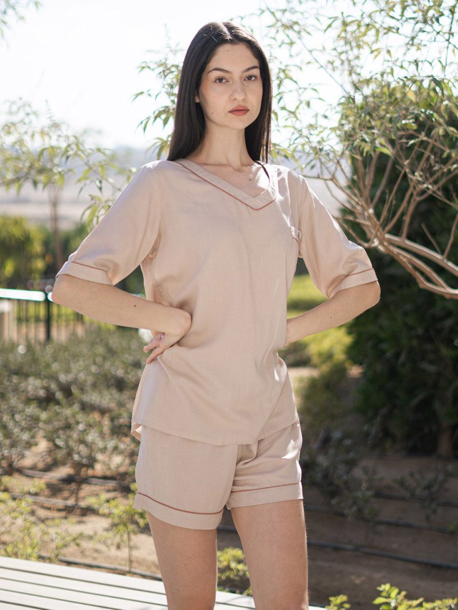 Cream Embroidered Pocket V-Neck Top and Shorts Pyjama Set