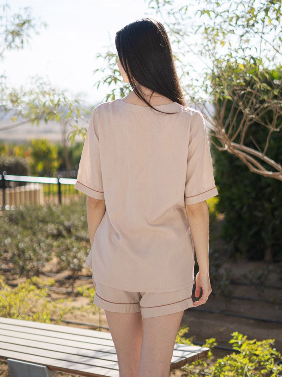 Cream Embroidered Pocket V-Neck Top and Shorts Pyjama Set