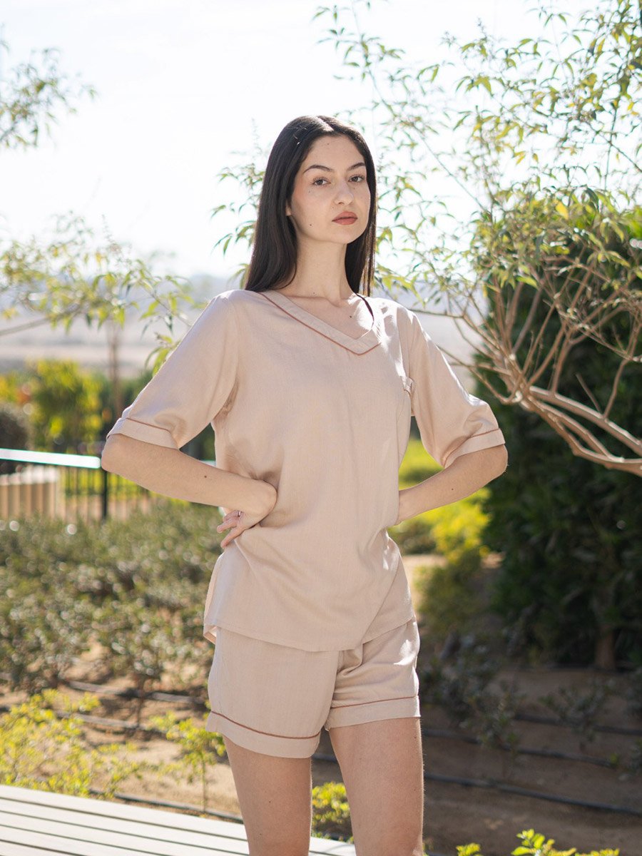Cream Embroidered Pocket V-Neck Top and Shorts Pyjama Set