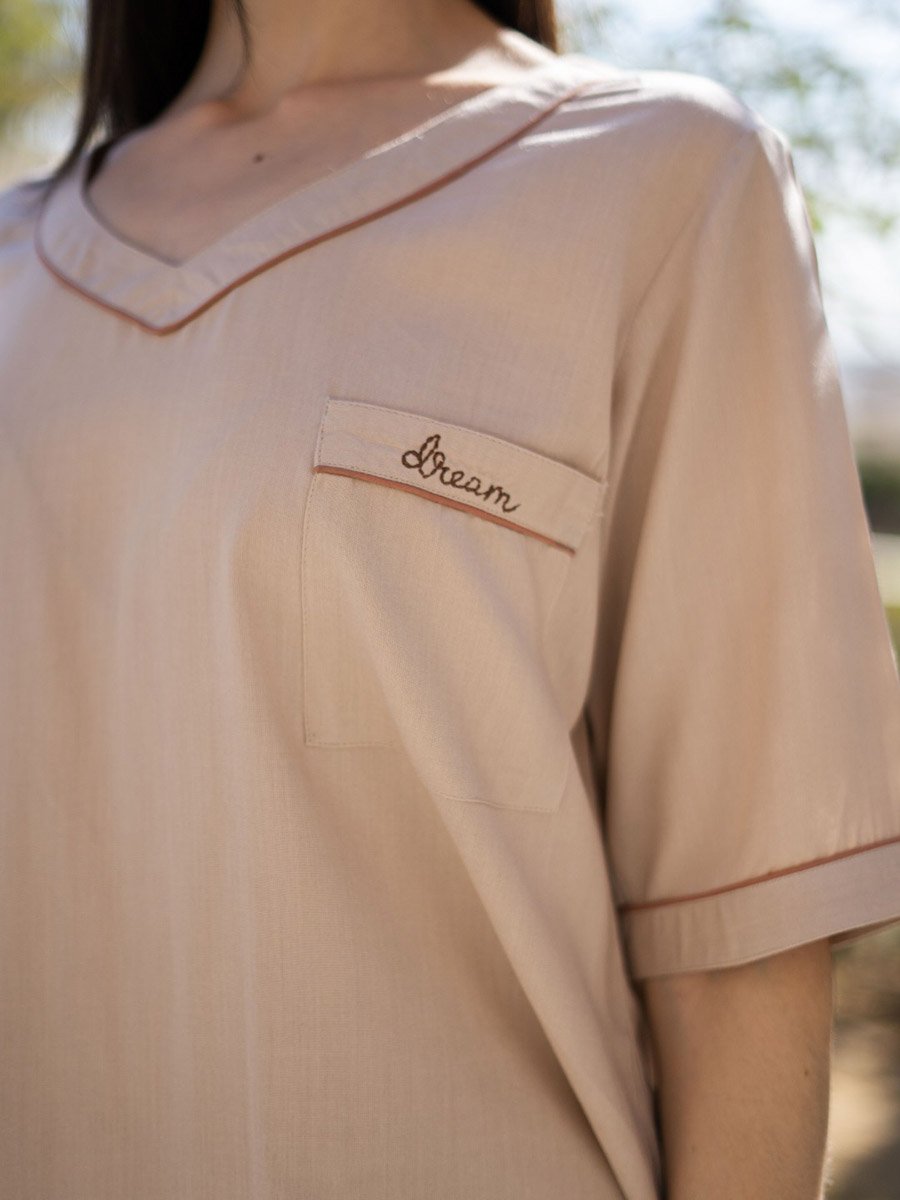 Cream Embroidered Pocket V-Neck Top and Shorts Pyjama Set