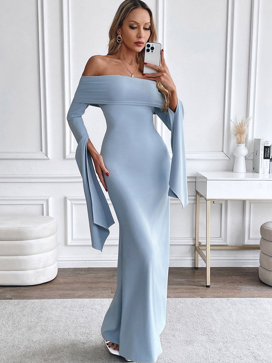 Light Blue Off Shoulder Mermaid Maxi Dress