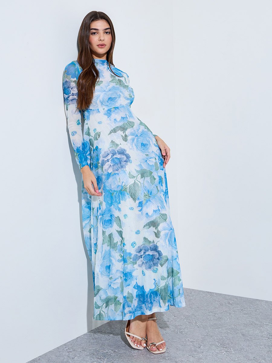 Blue Floral A-Line Maxi Dress with Long Sleeves