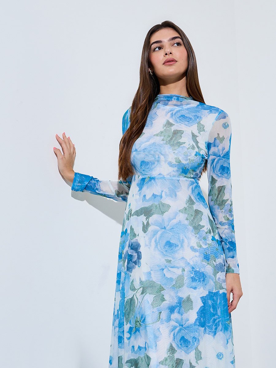 Blue Floral A-Line Maxi Dress with Long Sleeves